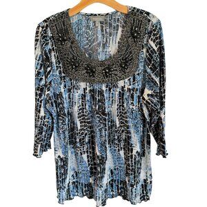 Essentials Blouse Size 1X Blue Multi Embellished Sleeves 3-4 Women Blouse